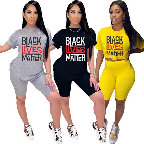 

women casual tracksuit black lives matter 2 piece set short sleeve tee shirtskinny shorts summer clothing sports jogger suit plus size 3349, White