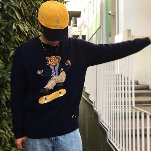 

18fw plc x r a  p h skate polo bear sweater knitted sweater classic sweatshirt street couple pullover autumn winter, Black