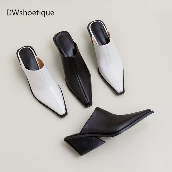 

spring genuine leather women mules chunky heel women casual slippers, Black