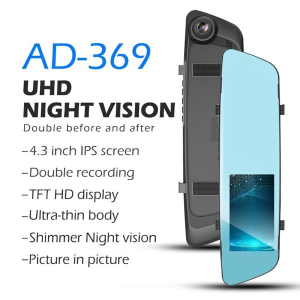 

aoedi ad-369fhd 4.3 inch 1080p car rearview mirror dvr camera ultra hd night vision dashcam recorder with rear view camera