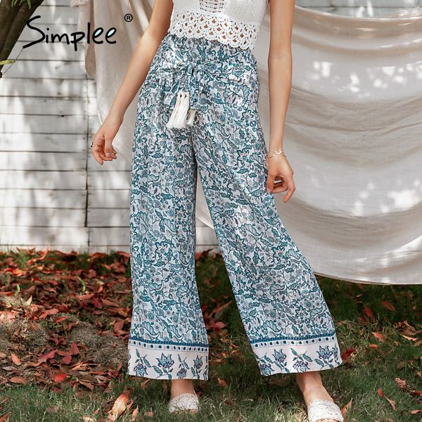

simplee bohemian printing lady wide leg pants women summer beach mid waist trousers chic streetwear sash casual pants female, Black;white