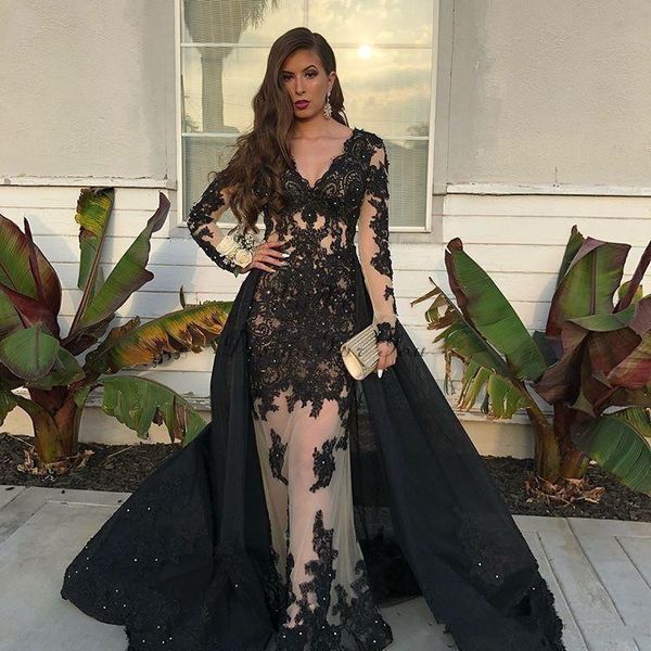 2020 Vestidos de noite preto clássico sereia com rendas Train destacável V Neck mangas compridas pura ilusão corpete apliques Prom Vestidos