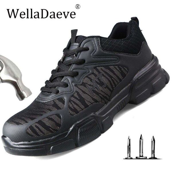 

men steel toe cap safety shoes lightweight breathable outdoor work boots puncture proof construction reflective sneaker for men, Black