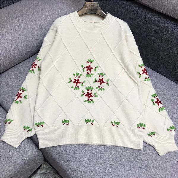 

luxury designer brand knitted pullovers for women vintage o neck handcraft embroidered flowers beige loose knitted sweater, White;black