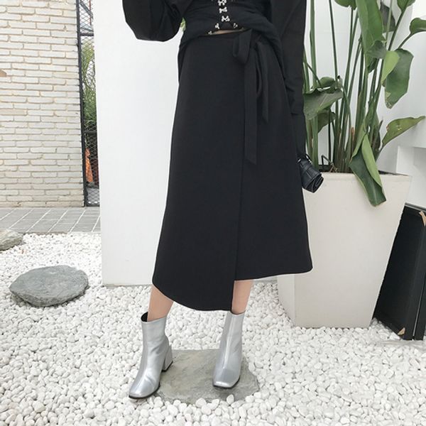 

long black skirt for women spring 2020 japanese harajuku streetwear lace up high waist slit a line asymmetrical wrap skirt b141, Black;gray