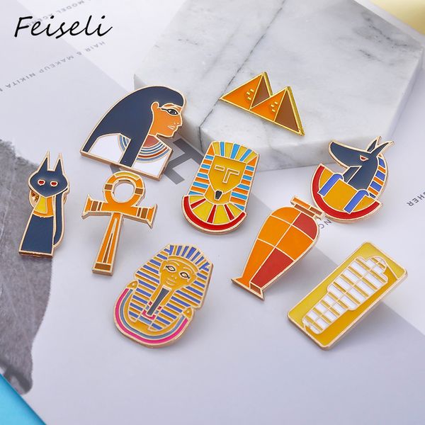 

feiseli creative ancient egyptian pyramid pharaoh lion portrait brooch colorful enamel school bag coffin cleopatra cartoon badge, Gray