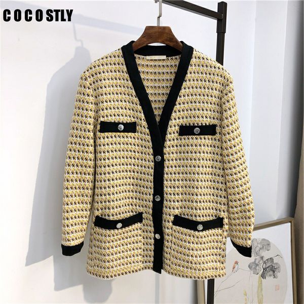 

2019 spring tweed jacket women fashion v neck long sleeve yellow knitted plaid women sweet cardigans coat manteau femme, Black;brown