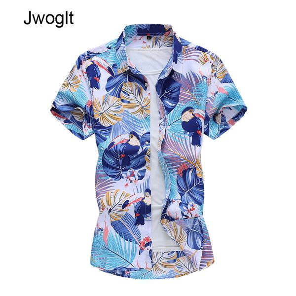 

45kg-120kg summer fashion men's casual button parrot and tropical plants printed beach short sleeve blouse 5xl 6xl 7xl, White;black