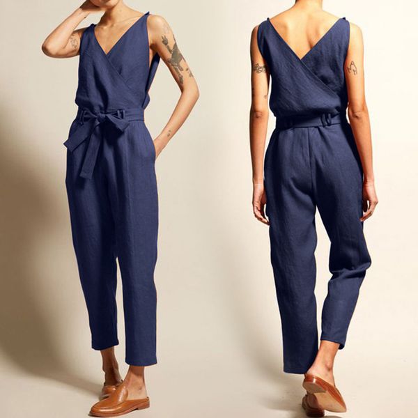 

2019 women cotton blends solid color v-neck sleeveless romper casual summer jumpsuit, Black;white