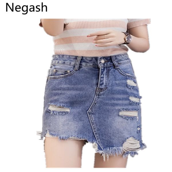 

negash new women high waist ripped holes blue denim skirt pocket bodycon mini tassel jeans skirts mori girl, Black