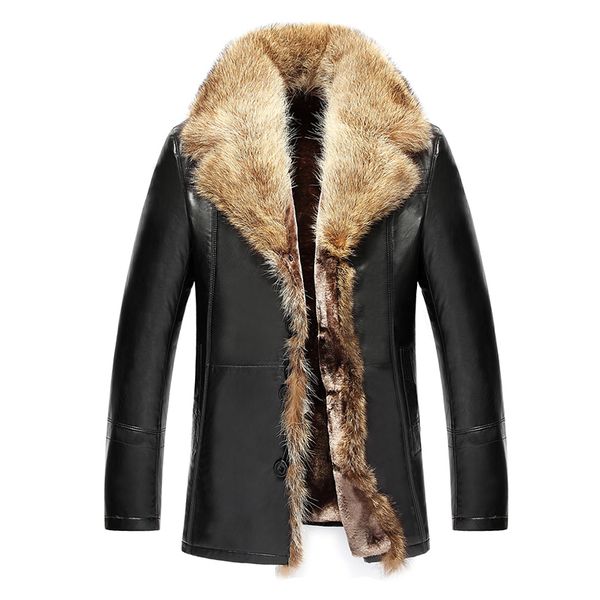 

2018 men leather coat men leather jackets faux sheepskin long coat winter warm overcoat raccoon fur collar, Black