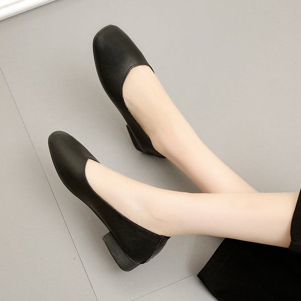

square head chunky-heel semi-high heeled grandma shoes 2019 spring and autumn new style shoes korean-style four seasons sl, Black