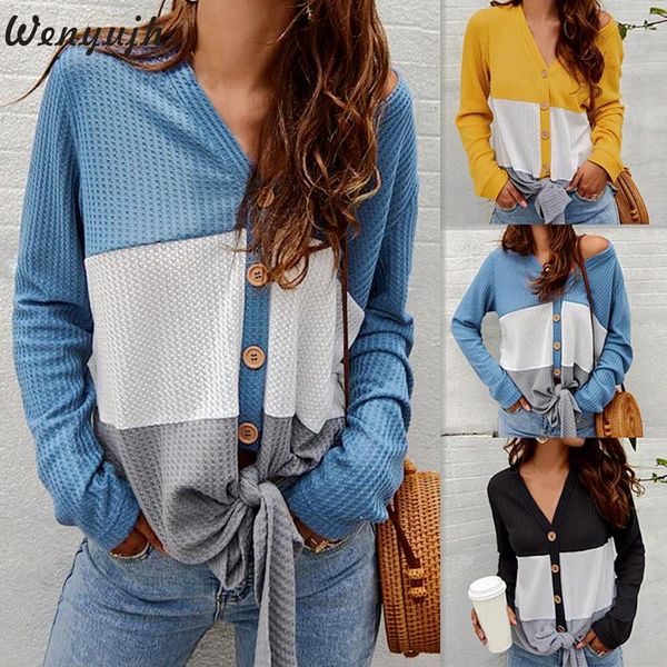 

wenyujh womens long sleeve sweaters 2019 winter v-neck sweater women thin ladies casual button front knot knit sweater shirt, White