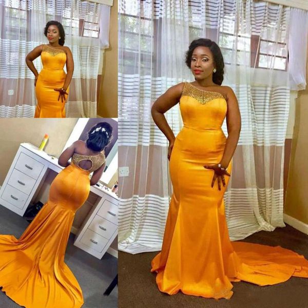 

aso ebi plus size prom dresses one shoulder sleeveless mermaid evening gowns hollow back satin sweep train formal party dress, Black