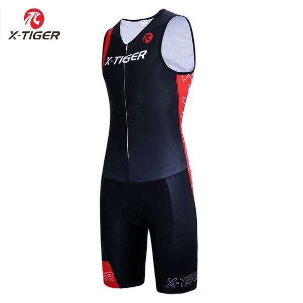 

x-tiger men triathlon cycling jersey sponge pad cycling skinsuit summer quick-dry sleeveless running swimming clothing, Black;red