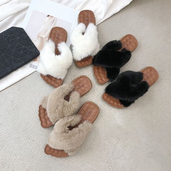 

shoes women plush slippers for adults low pantofle flock slides fashion soft fur 2020 flat luxury basic rubber concise fabric, Black