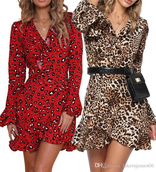 

womens leopard print long sleeve dress spring fashion v neck slim fit designer famale belt dress, Black;gray
