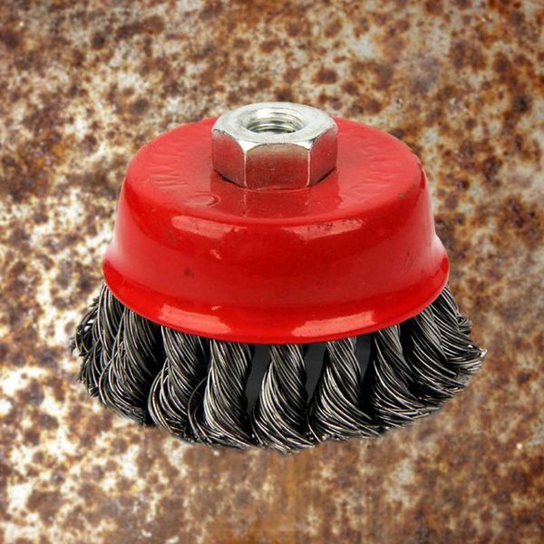 

strong rotary red flat cup edge blending deburring rust clean steel wire wheel twist knot durable metal angle grinder brush