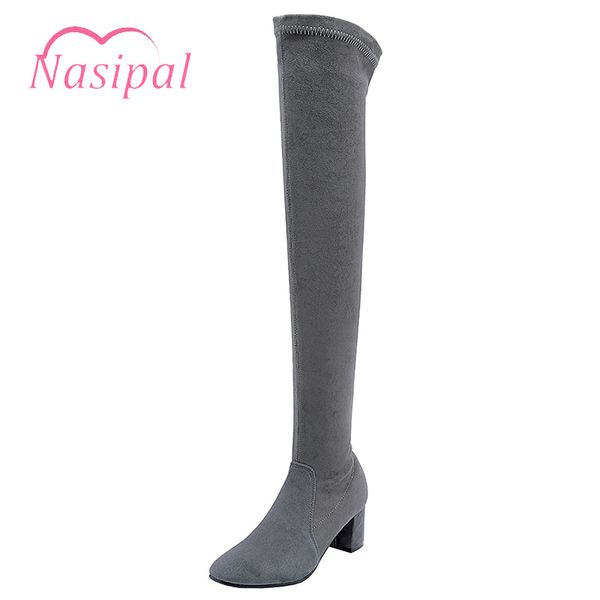

nasipal sock boots square toe block high heels stretch long botas mujer fashion slip on over the knee boots thigh high, Black