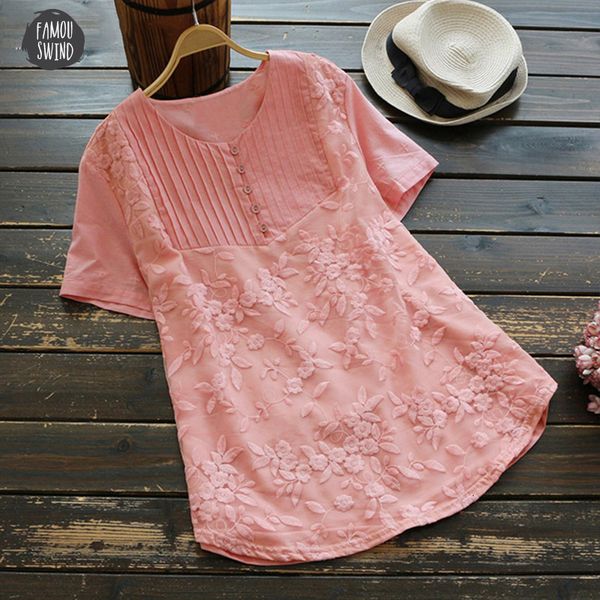 

blouse 2019 plus size women hollow embroidery vintage lady casual cotton blusa female short sleeve summer chemise shirt, White