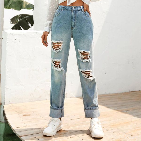 

european and american retro ins style fashion trend washed high waist denim ripped trousers explosion, Blue