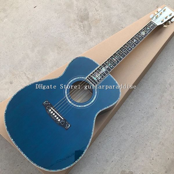 

custom acoustic guitar, blue 39 "om solid spruce ebony fingerboard, super luxurious abalone shell binding and inlay