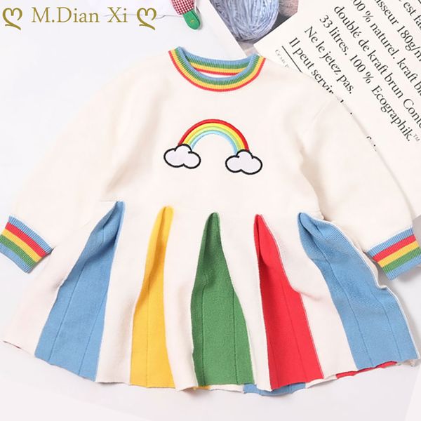 

девушки одеваются осень и зима девушки радуга трикотажное платье свитер дети детские принцессы день рождения, Red;yellow