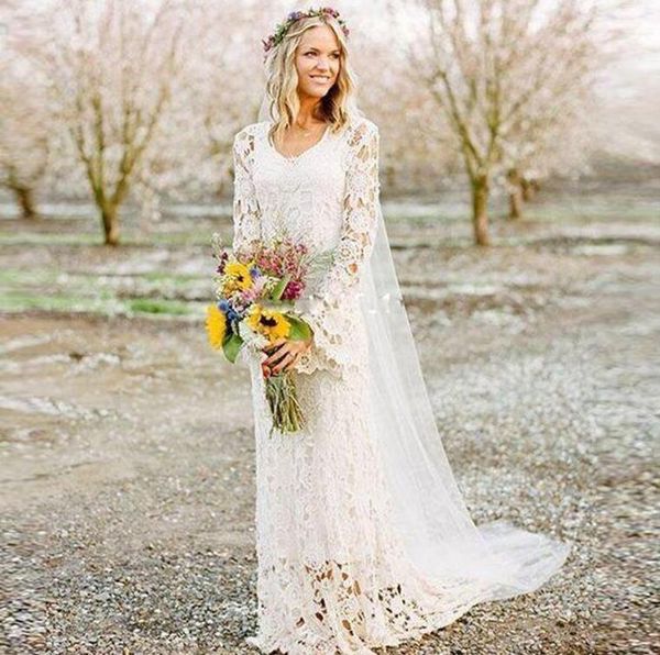 

2020 romantic boho wedding dresses long sleeves v neck a line full lace country bridal gowns custom made wedding gowns sweep train, White