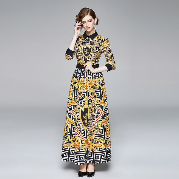 

long sleeve baroque print dress women runway vintage lapel neck party prom printed ladies designer dress elegant office button shirt dresses, Black;gray