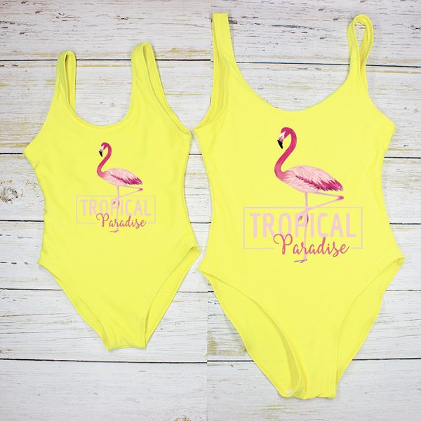 

flamingo print swimsuit women&kids swimwear one piece bodysuit high cut low back bathing suit swimming suit for female monokini, White;black