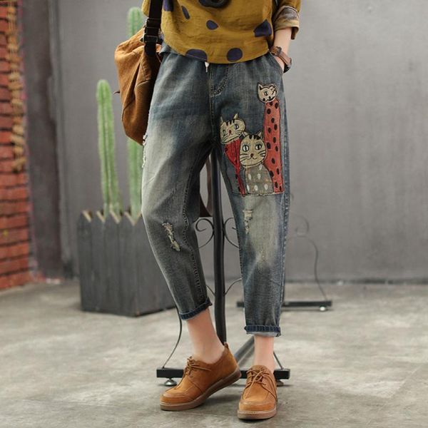 

qpfjqd кошки лоскутное дамы джинсы животных узор весна осень женщины повседневная свободные старинные джинсовые шаровары вышивка брюки, Blue