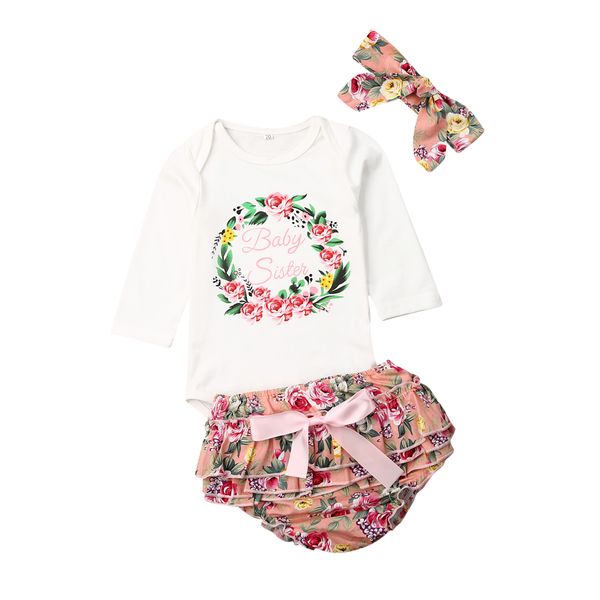 

0-18m newborn infant baby girl clothes spring long sleeve romper playsuit floral ruffle pants outfits + headband 3pcs, Pink;blue