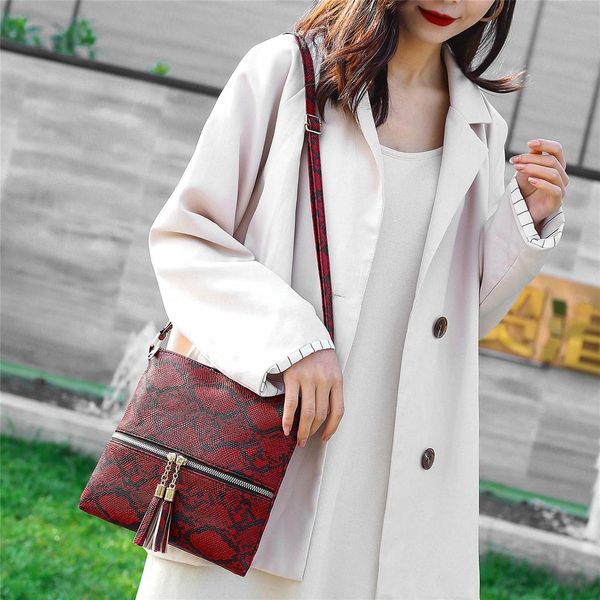 

fashion women tassel snake printing zipper messenger bag hnadbag shoulder bag plaid tassel shoulder temperament handbag