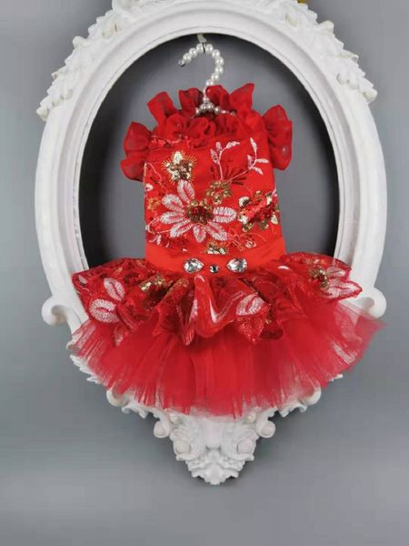 

handmade dog apparel clothes dress red sequins embroidered flower pet wedding outfit for cats poodle maltese