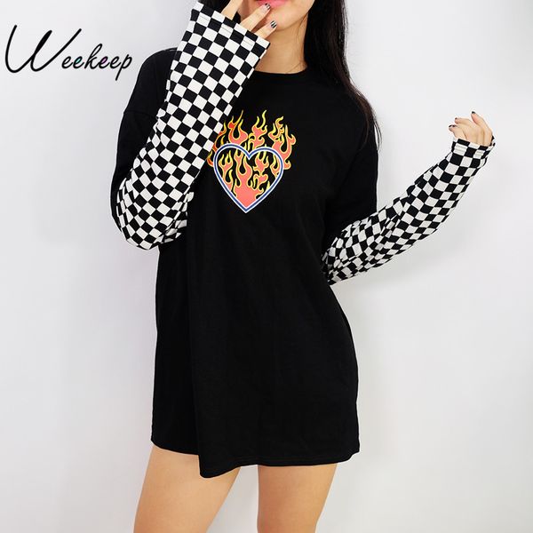 

weekeep women plaid patchwork long sleeve flaming heart print sweatshirt 2017 autumn winter black checkboard pullover hoodies ly191115