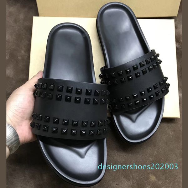 

designer sandals red bottom slippers mens black genuine leather with spikes summer flip flops luxury sandals flat soft leather slides d03