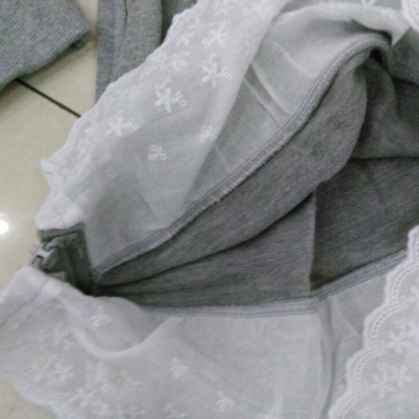 

grey cotton terry sweater shirt o-neck patchwork white lace decoration autumn winter nursing clothing