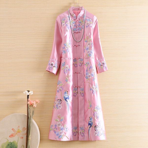 

high-end elegant lady outerwear autumn embroidery floral retro women vintage winter trench coat female s-xxl, Red