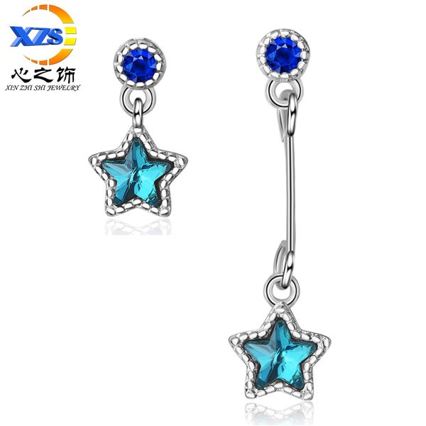 

senz shi asymmetric star stud earrings exquisite sea blue five-pointed star earrings korean-style earrings simple, Silver