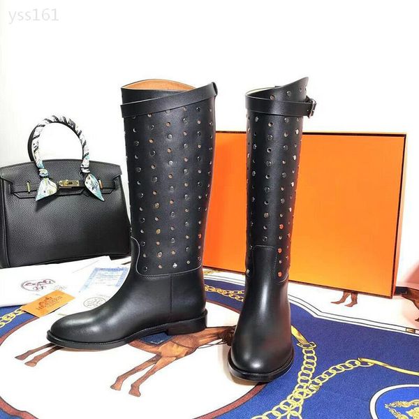 

classic autumn and winter european station women's shoes leather punching five-pointed star high boots personality long tide, Black