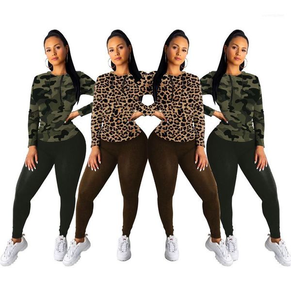 

casual tracksuit fashion long sleeve tshirt solid color slim pants famale two piece set womens leopard print, Gray