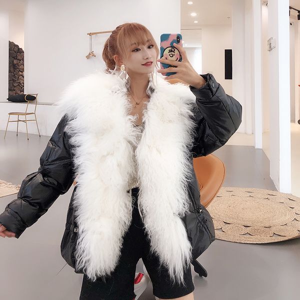 

european women winter coat down cotton padded loose women jackets outerwear real fur collar parkas casual clothes plus size, Black