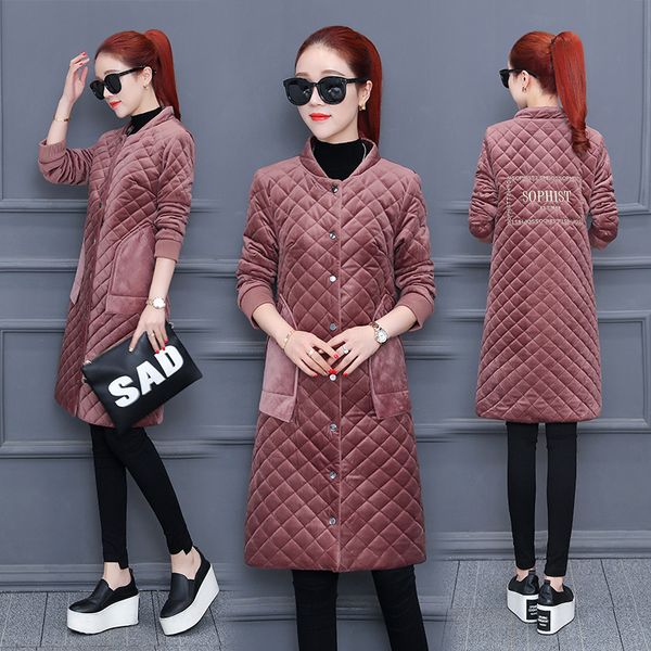 

gold velvet mid-length cotton-padded clothes women's korean-style 2018 winter women's embroidery coat large size down cotton bas, Blue;black