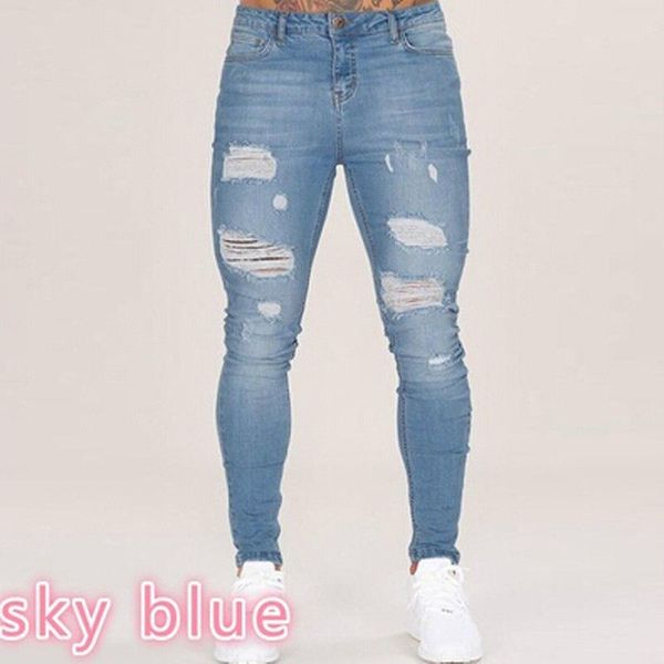 

designer men jeans brand man jeans men's washed men's tight-fitting knee hole european station 2019 spring and summer thin section, Blue