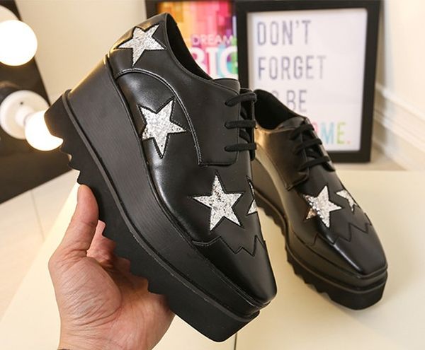 

new color stella women star platform shoes calfskin genuine leather 7cm wedge oxfords elyse sneakers, Black