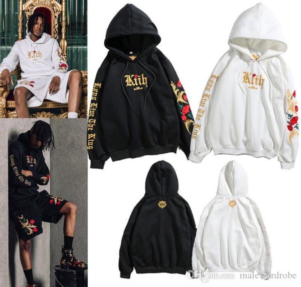 

18ss mens brand fashion pullovers kith flower embroidery hooded hoodies casual kanye sweatshirts, Black