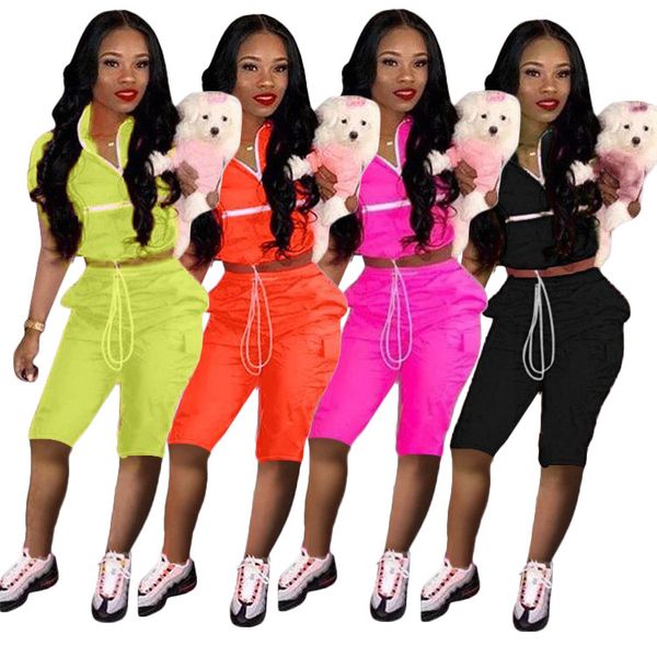 

2019 women summer zipper up short sleeve pullover trench knee length pants safari 2pcs set tracksuit sporty outfit 4 color d8265, White