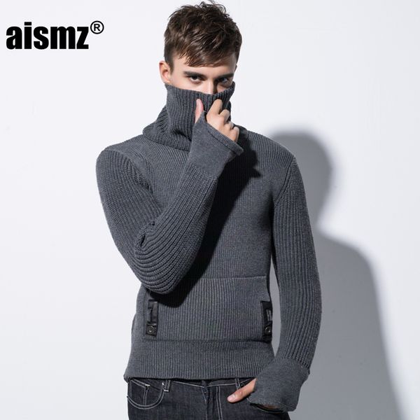 

aismz 2018 winter brand fashion casual sweater cotton high collar slim fit knitting warm pullover men clothes pull homme coats, White;black