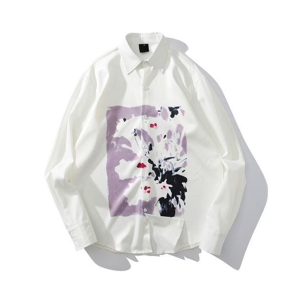 

graffitti printed loose shirts men turn-down collar men's shirts long sleeve streetwear clothing, White;black