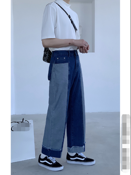 

2020 jeans men loose-fitting retro collage trousers versatile slacks tide wash wide-leg trousers, Blue